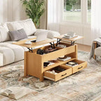 Table basse en bois relevable 120 cm, 2 tiroirs de rangement, compartiment caché, hauteur réglable, gain de place, style ferme moderne