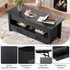 Table basse en bois relevable 120 cm, 2 tiroirs de rangement, compartiment caché, hauteur réglable, gain de place, style ferme moderne