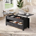 Table basse en bois relevable 120 cm, 2 tiroirs de rangement, compartiment caché, hauteur réglable, gain de place, style ferme moderne