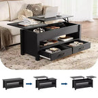 Table basse en bois relevable 120 cm, 2 tiroirs de rangement, compartiment caché, hauteur réglable, gain de place, style ferme moderne