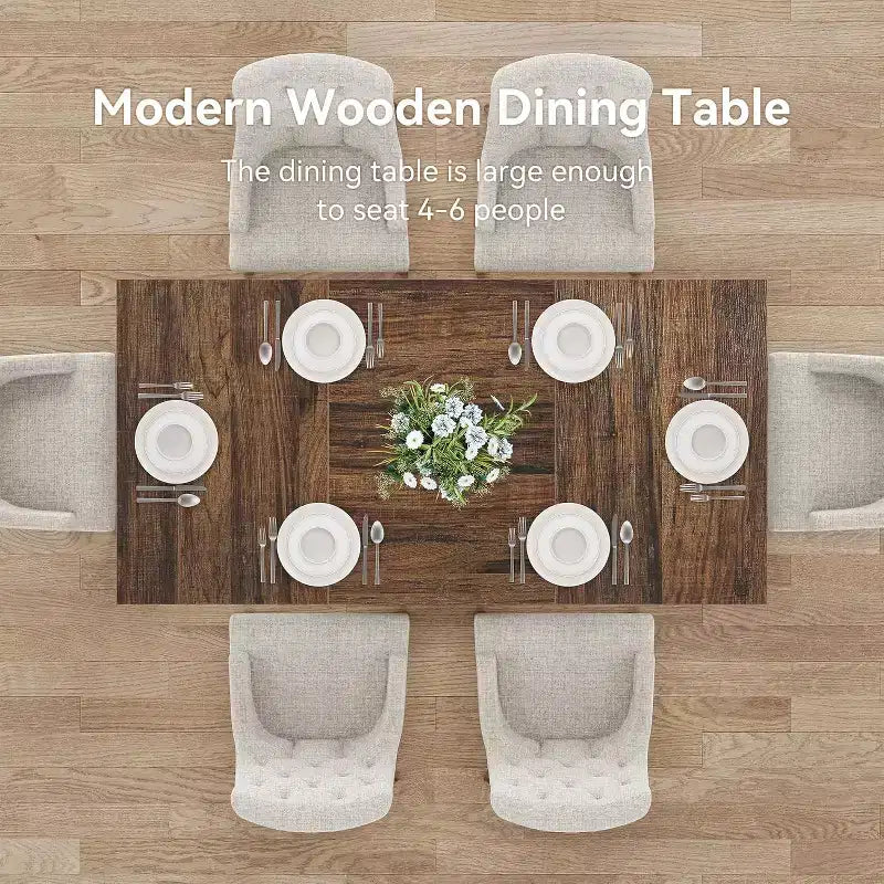 Table à manger rectangulaire Lantine pour 6, ensemble de table de cuisine moderne avec base robuste pour salle à manger, marron et noir