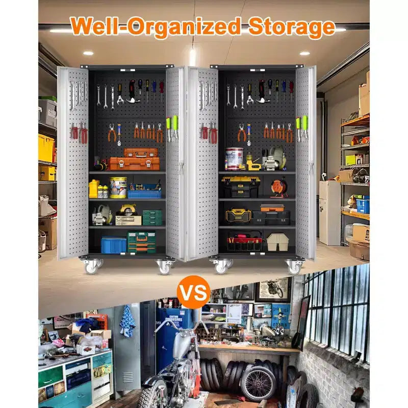 Armoire de rangement en métal de 72 H avec roulettes, armoire de rangement de garage avec étagères réglables et 2 portes pour garage, bureau à domicile, buanderie