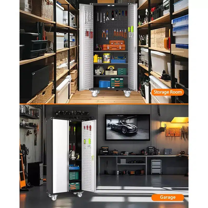 Armoire de rangement en métal de 72 H avec roulettes, armoire de rangement de garage avec étagères réglables et 2 portes pour garage, bureau à domicile, buanderie