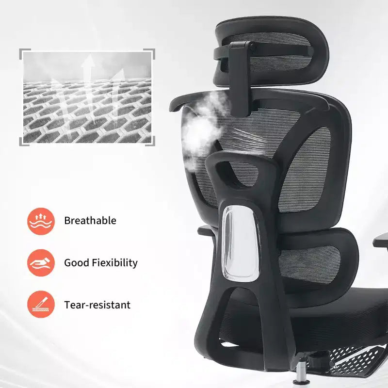Chaise de bureau ergonomique en maille pour bureau à domicile, bureau, jeu Soutien lombaire réglable, accoudoirs 3D, appuie-tête et repose-pieds Maille noire respirante, cadre noir