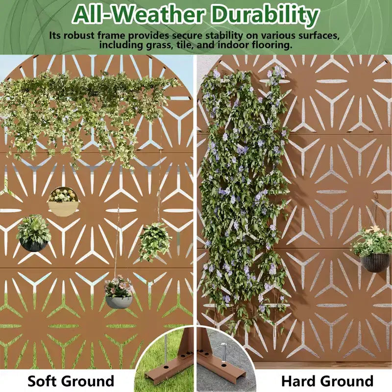 Panneaux de clôture autoportants Dovelina 72H x 47W en métal arqué pour extérieur, gris clair/marron, pour jardin, patio, terrasse, cour