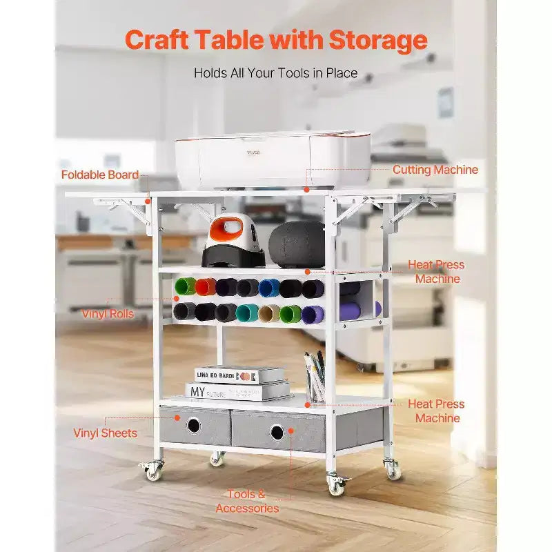 VIYET Chariot d'artisanat roulant et table de rangement, compatible Cricut, côtés pliables, 14 porte-rouleaux de vinyle et 2 tiroirs