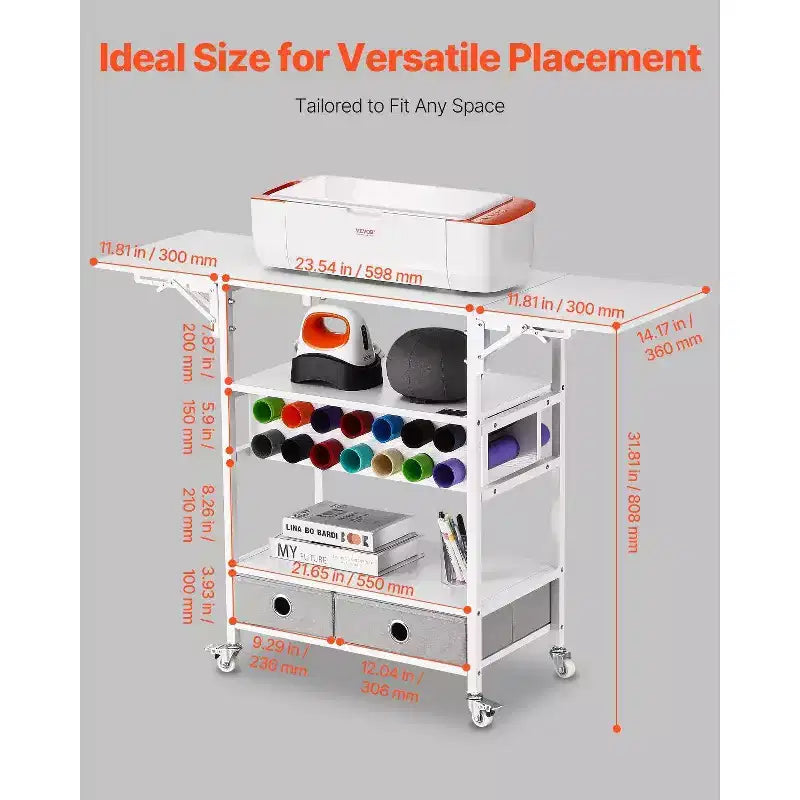 VIYET Chariot d'artisanat roulant et table de rangement, compatible Cricut, côtés pliables, 14 porte-rouleaux de vinyle et 2 tiroirs