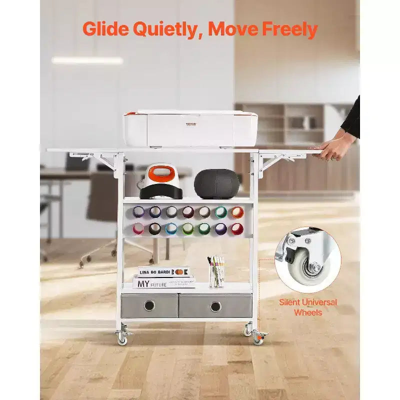 VIYET Chariot d'artisanat roulant et table de rangement, compatible Cricut, côtés pliables, 14 porte-rouleaux de vinyle et 2 tiroirs