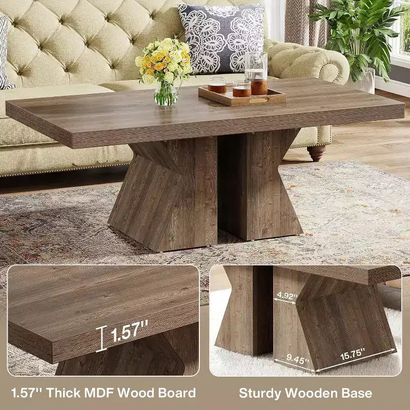 Table basse Lantine Wood, table basse rectangulaire de 47 pouces avec base en bois épais, table basse style ferme pour salon (marron)
