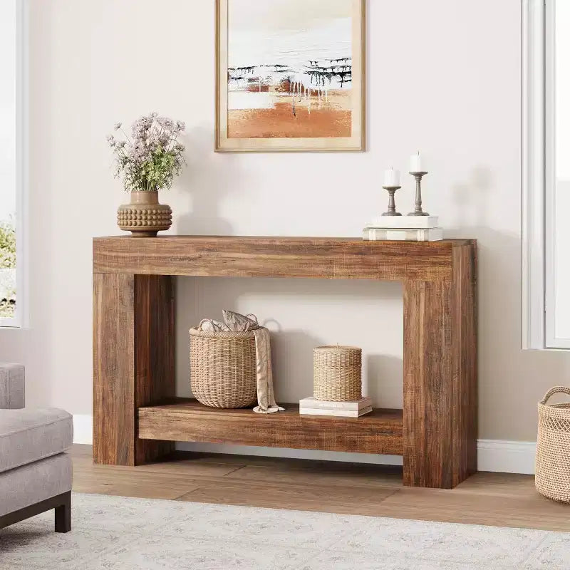 Table console d'entrée de ferme de 120 cm, table de canapé rustique à 2 niveaux avec pieds en métal pour derrière le canapé, le couloir ou le salon