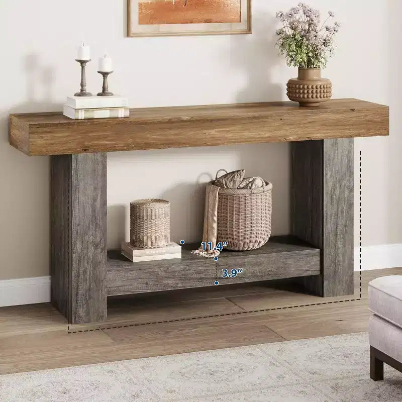 Table console de ferme de 63 po avec rangement à 2 niveaux, longue table d'entrée et de canapé pour le salon et le couloir