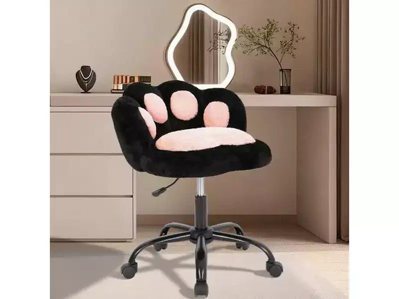 Vanity Chair with Cat Paw Back, Armless Desk Chair Cute Small Office Chair with Wheels ,Teddy Fabric 360Rotating Computer Chair, Adjustable Height