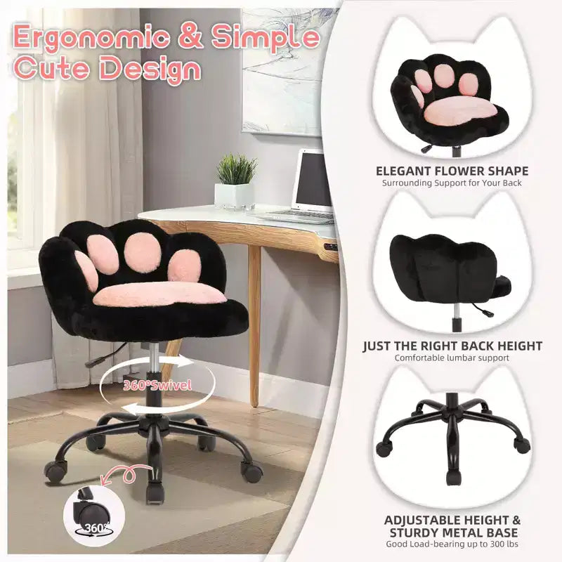 Chaise de bureau sans accoudoirs avec dossier en forme de patte de chat, petite chaise de bureau mignonne avec roulettes, en tissu Teddy, pivotante à 360°, hauteur réglable