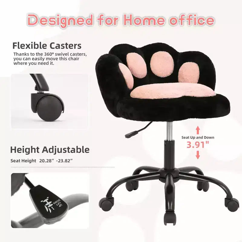 Chaise de bureau sans accoudoirs avec dossier en forme de patte de chat, petite chaise de bureau mignonne avec roulettes, en tissu Teddy, pivotante à 360°, hauteur réglable