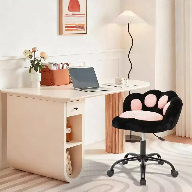 Chaise de bureau sans accoudoirs avec dossier en forme de patte de chat, petite chaise de bureau mignonne avec roulettes, en tissu Teddy, pivotante à 360°, hauteur réglable