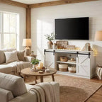 Meuble TV de ferme FurnitureR 58 avec portes de grange coulissantes, console multimédia avec étagères réglables et gestion des câbles pour le salon