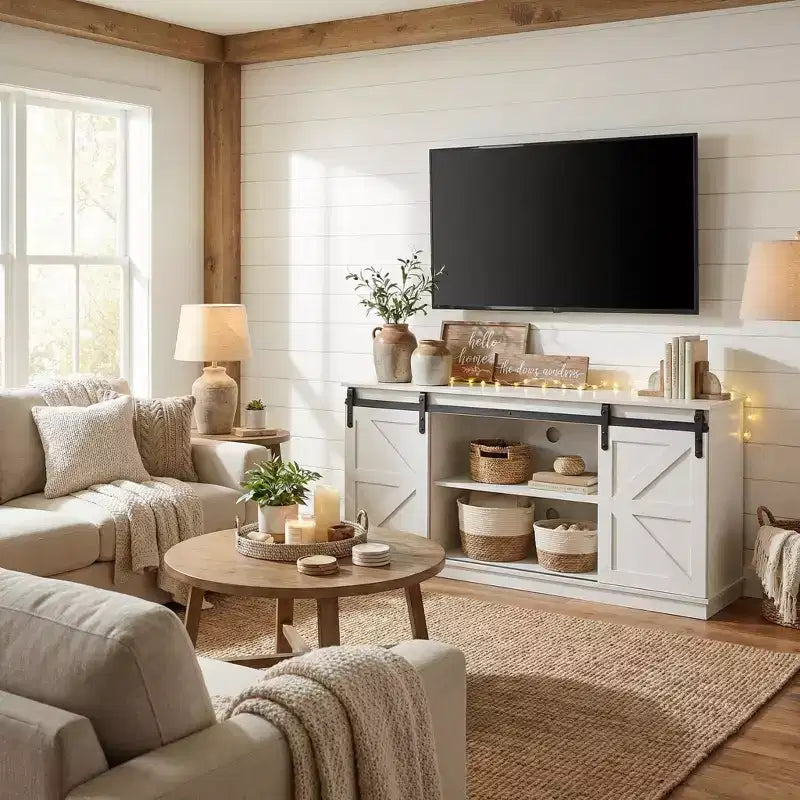 Meuble TV de ferme FurnitureR 58 avec portes de grange coulissantes, console multimédia avec étagères réglables et gestion des câbles pour le salon