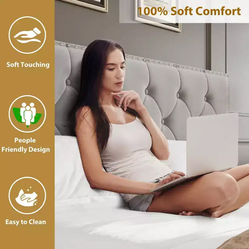Cadre de lit avec 2 tiroirs de rangement, tête de lit en velours vintage, cadre de lit en bois et métal, support à lattes en bois, silencieux, pas besoin de sommier tapissier