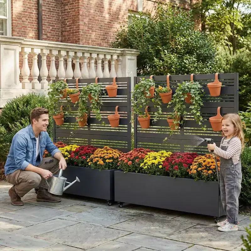 MAYEERTY Jardinière en fer forgé noir avec treillis (Harold B à persiennes), 47x47x16, jardinière de jardin double face en 3 pièces