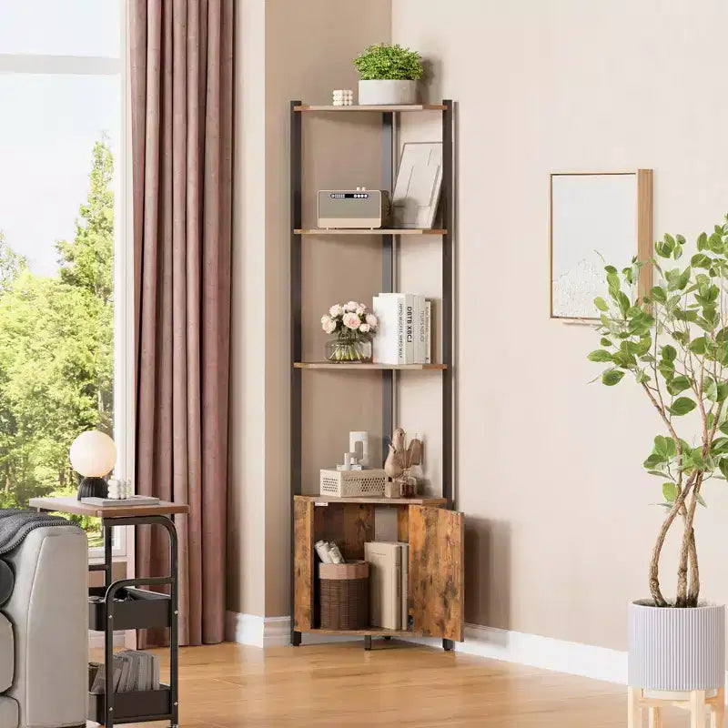 Étagère d'angle haute à 5 niveaux - Vitrine d'angle de 147 cm avec étagères en bois massif - Organisateur d'étagère autoportant robuste pour salon, chambre, cuisine