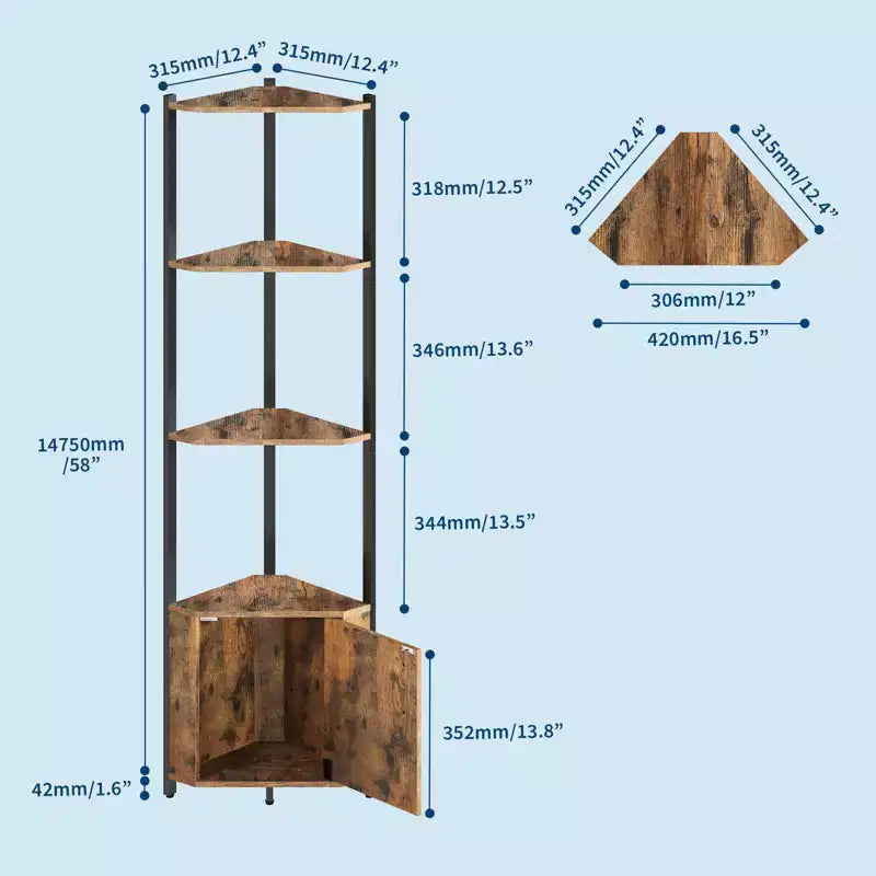 Étagère d'angle haute à 5 niveaux - Vitrine d'angle de 147 cm avec étagères en bois massif - Organisateur d'étagère autoportant robuste pour salon, chambre, cuisine