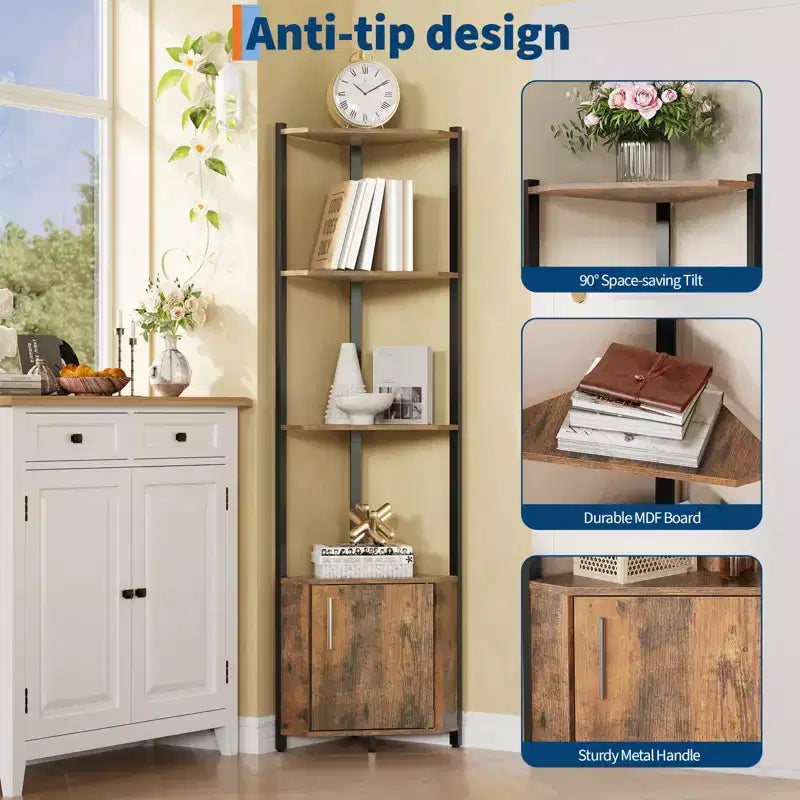 Étagère d'angle haute à 5 niveaux - Vitrine d'angle de 147 cm avec étagères en bois massif - Organisateur d'étagère autoportant robuste pour salon, chambre, cuisine