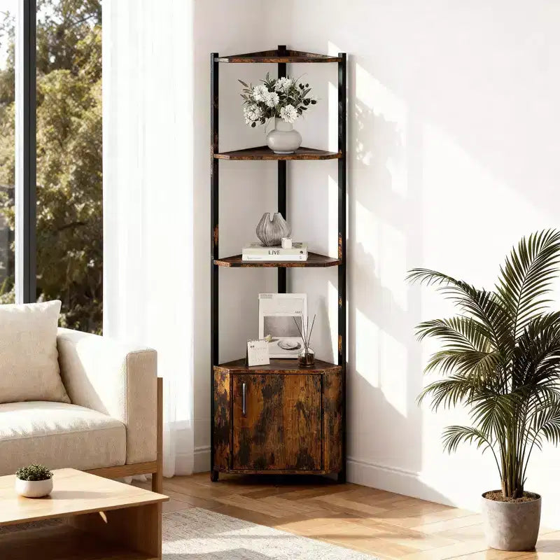 Étagère d'angle haute à 5 niveaux - Vitrine d'angle de 147 cm avec étagères en bois massif - Organisateur d'étagère autoportant robuste pour salon, chambre, cuisine