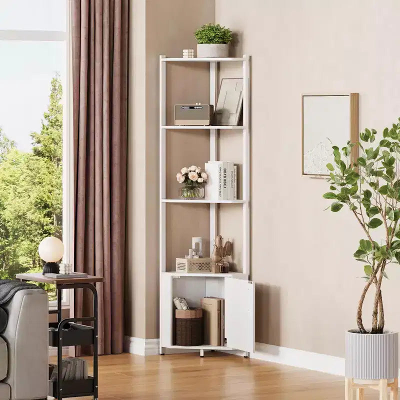 Étagère d'angle haute à 5 niveaux - Vitrine d'angle de 147 cm avec étagères en bois massif - Organisateur d'étagère autoportant robuste pour salon, chambre, cuisine