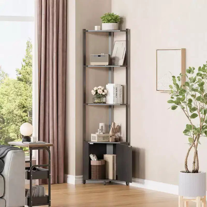 Étagère d'angle haute à 5 niveaux - Vitrine d'angle de 147 cm avec étagères en bois massif - Organisateur d'étagère autoportant robuste pour salon, chambre, cuisine