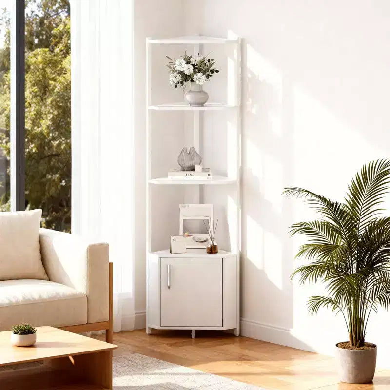 Étagère d'angle haute à 5 niveaux - Vitrine d'angle de 147 cm avec étagères en bois massif - Organisateur d'étagère autoportant robuste pour salon, chambre, cuisine