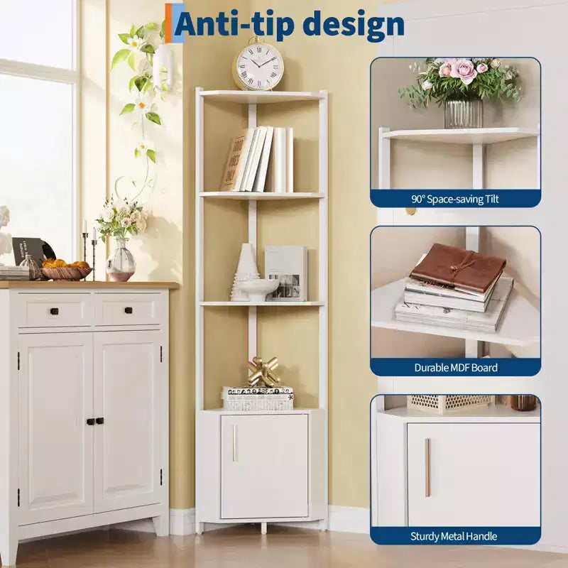 Étagère d'angle haute à 5 niveaux - Vitrine d'angle de 147 cm avec étagères en bois massif - Organisateur d'étagère autoportant robuste pour salon, chambre, cuisine