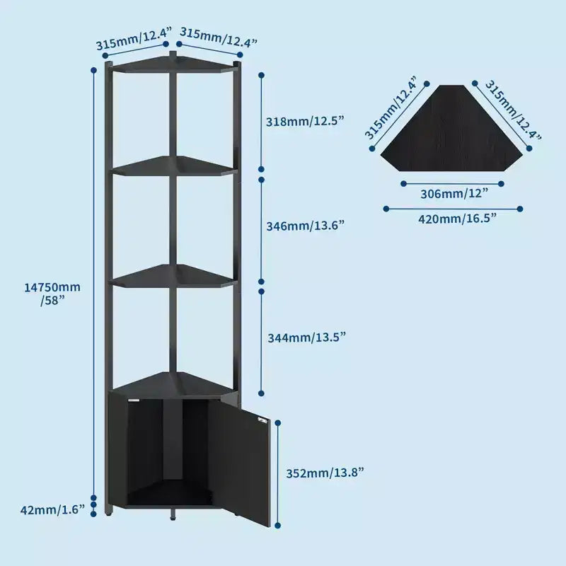 Étagère d'angle haute à 5 niveaux - Vitrine d'angle de 147 cm avec étagères en bois massif - Organisateur d'étagère autoportant robuste pour salon, chambre, cuisine