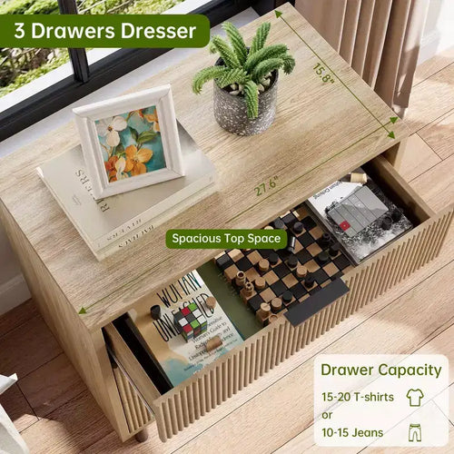 Commode, chiffonnier lot de 2 – Organiseur à 3 tiroirs en bois cannelé de 75,9 cm avec pieds en métal et dispositif anti-basculement