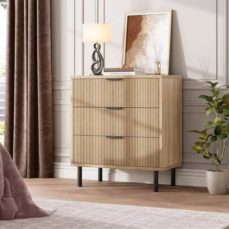 Commode, chiffonnier lot de 2 – Organiseur à 3 tiroirs en bois cannelé de 75,9 cm avec pieds en métal et dispositif anti-basculement