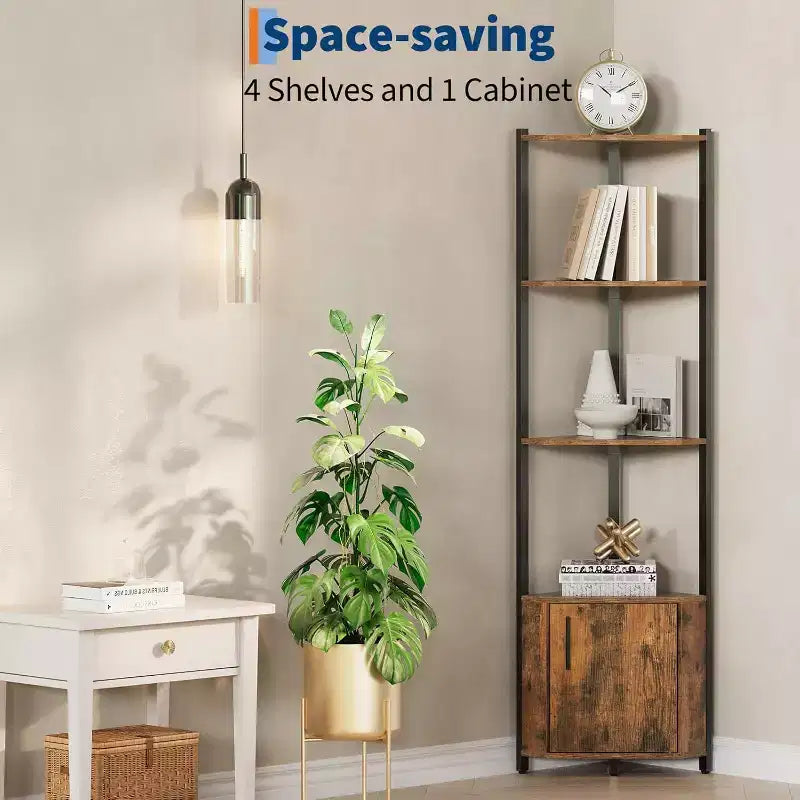 Étagère d'angle, Luminosité réglable, Cadre métallique moderne et étagère en bois, Organisateur peu encombrant pour salon, chambre, cuisine