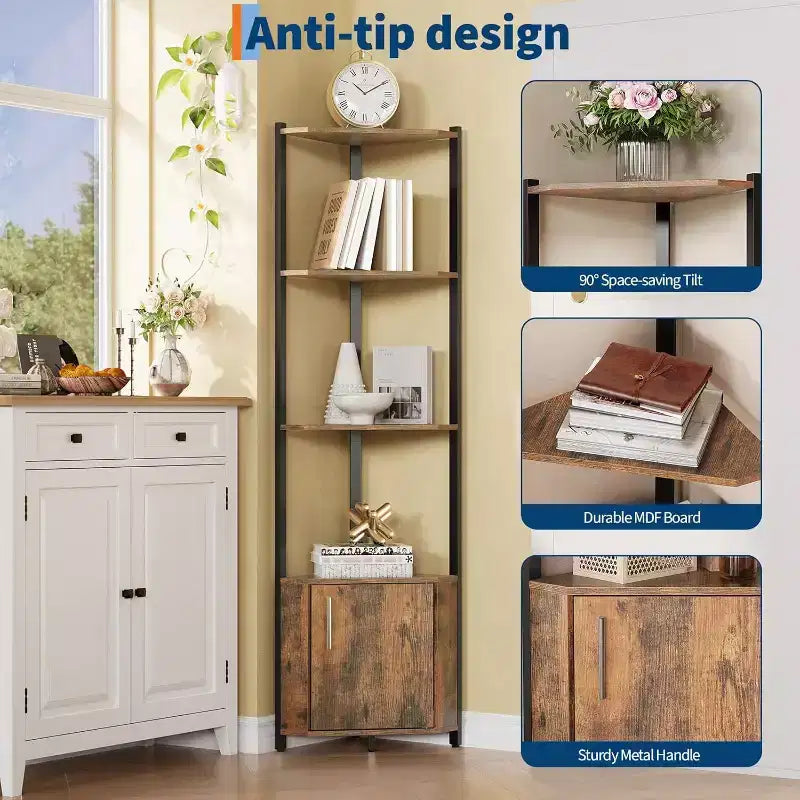 Étagère d'angle, Luminosité réglable, Cadre métallique moderne et étagère en bois, Organisateur peu encombrant pour salon, chambre, cuisine