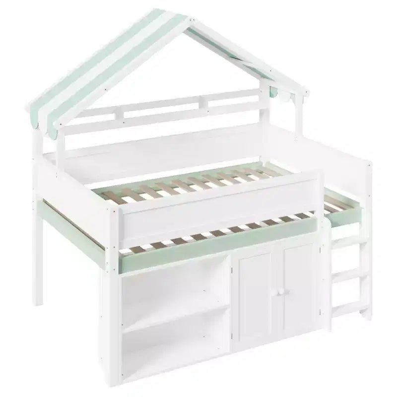 Lit mezzanine complet Luxystar avec toit en auvent rayé, étagères de rangement et armoire