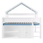 Lit mezzanine complet Luxystar avec toit en auvent rayé, étagères de rangement et armoire
