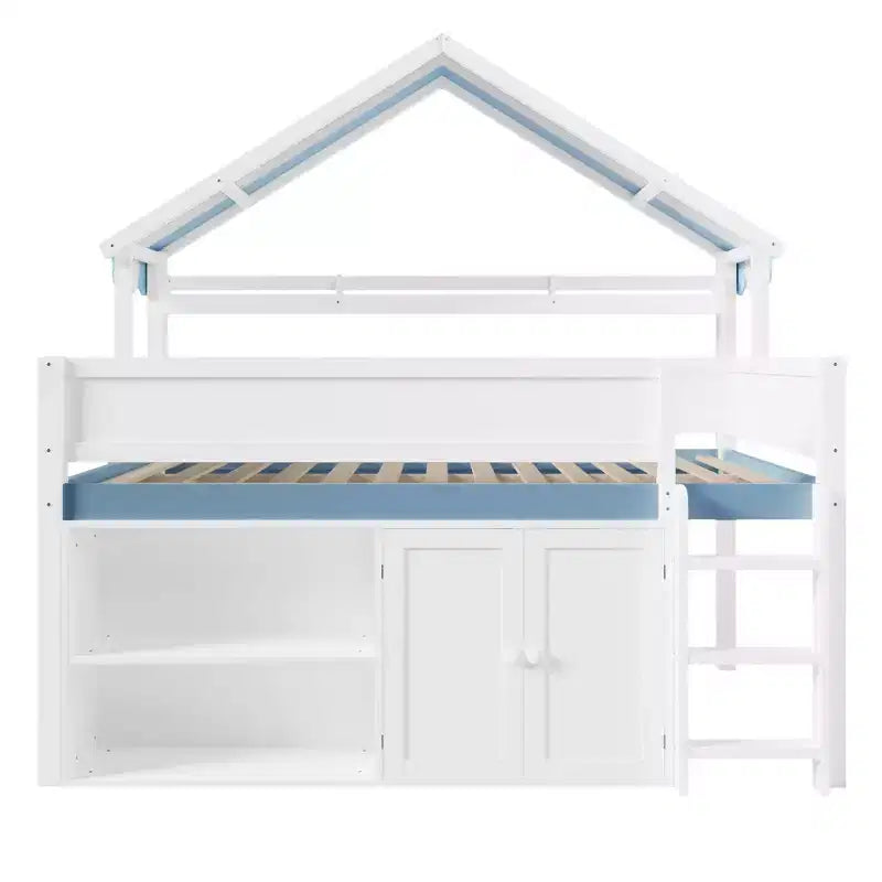Lit mezzanine complet Luxystar avec toit en auvent rayé, étagères de rangement et armoire