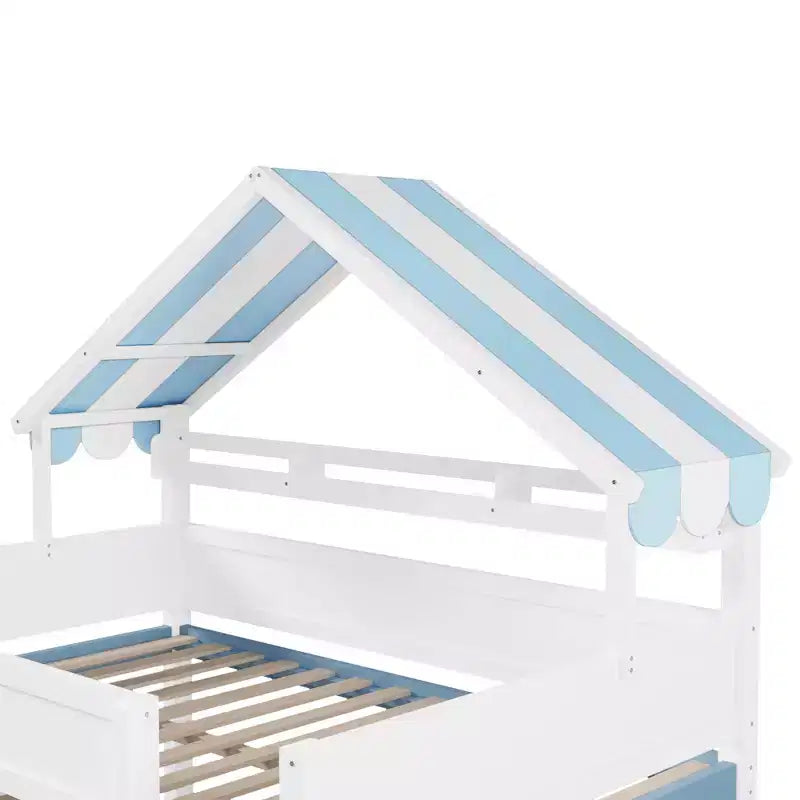 Lit mezzanine complet Luxystar avec toit en auvent rayé, étagères de rangement et armoire