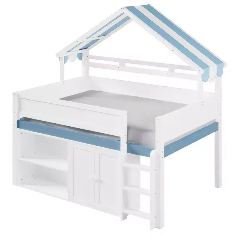 Lit mezzanine complet Luxystar avec toit en auvent rayé, étagères de rangement et armoire