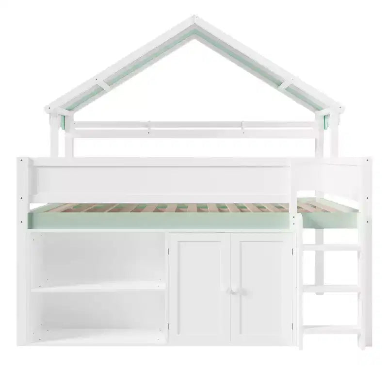 Lit mezzanine complet Luxystar avec toit en auvent rayé, étagères de rangement et armoire
