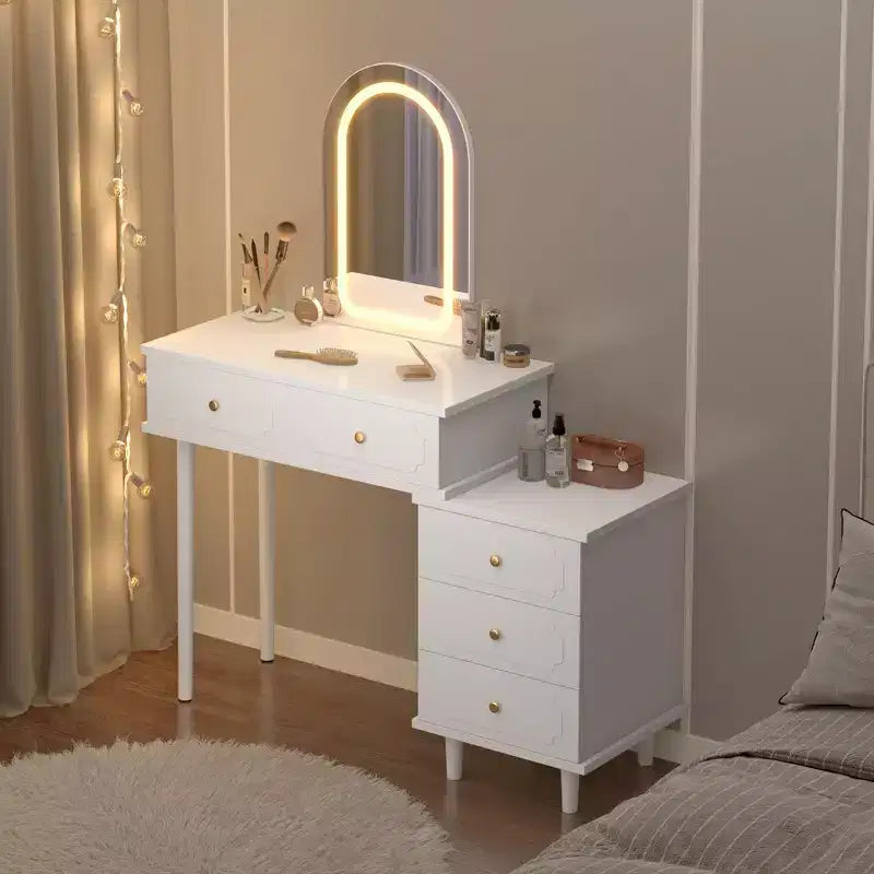 Coiffeuse de Maquillage Coolmee avec Miroir et Lumières, Coiffeuse Blanche Moderne avec 2 Tiroirs et Armoire 3 Tiroirs Réglable, Table de Maquillage en Bois