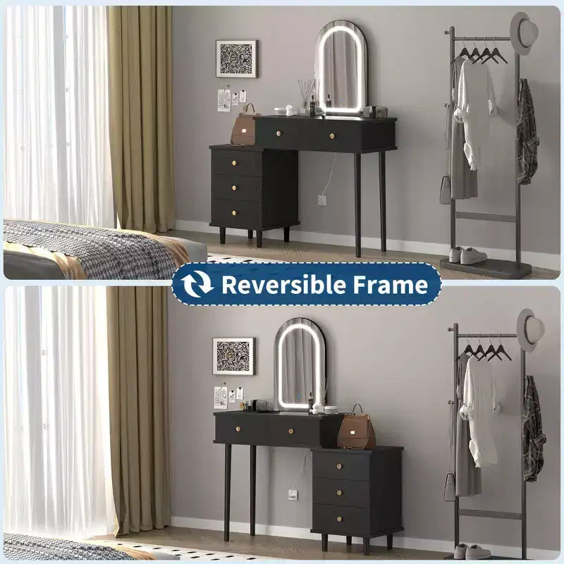 Coiffeuse de Maquillage Coolmee avec Miroir et Lumières, Coiffeuse Blanche Moderne avec 2 Tiroirs et Armoire 3 Tiroirs Réglable, Table de Maquillage en Bois