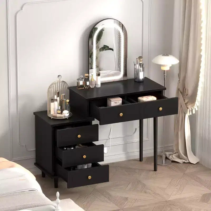 Coiffeuse de Maquillage Coolmee avec Miroir et Lumières, Coiffeuse Blanche Moderne avec 2 Tiroirs et Armoire 3 Tiroirs Réglable, Table de Maquillage en Bois