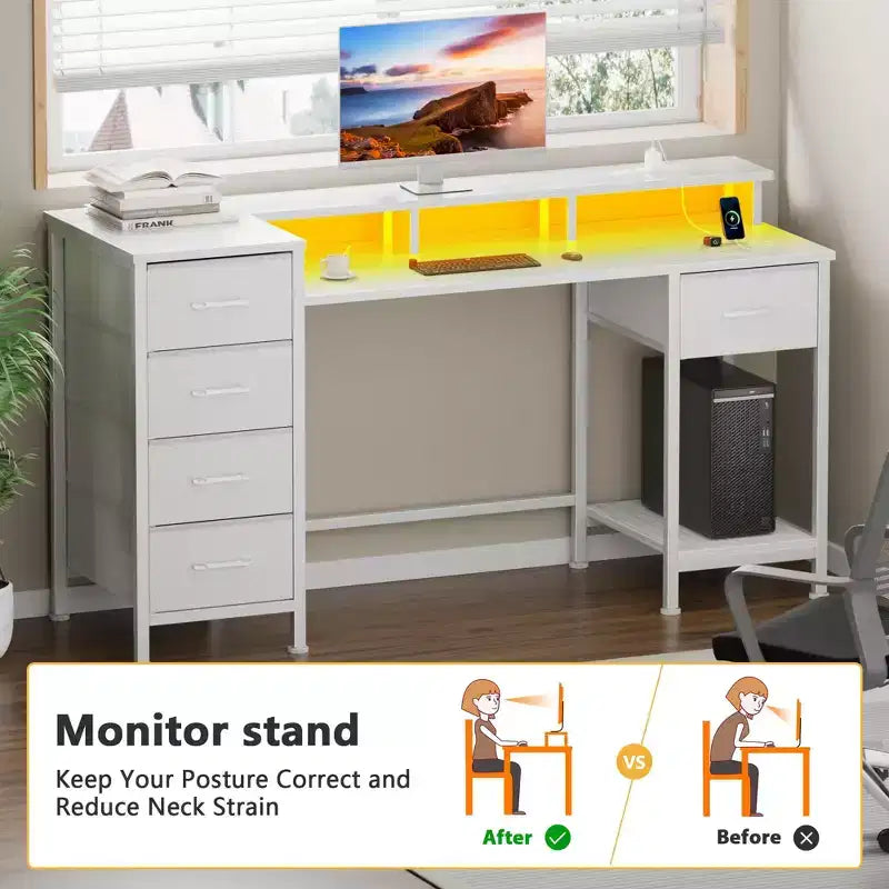 Bureau d'ordinateur blanc de 47 pouces avec station de charge, bureau de jeu réversible, lumières LED, tiroirs en tissu, table d'écriture de rangement pour bureau à domicile, chambre à coucher, étude