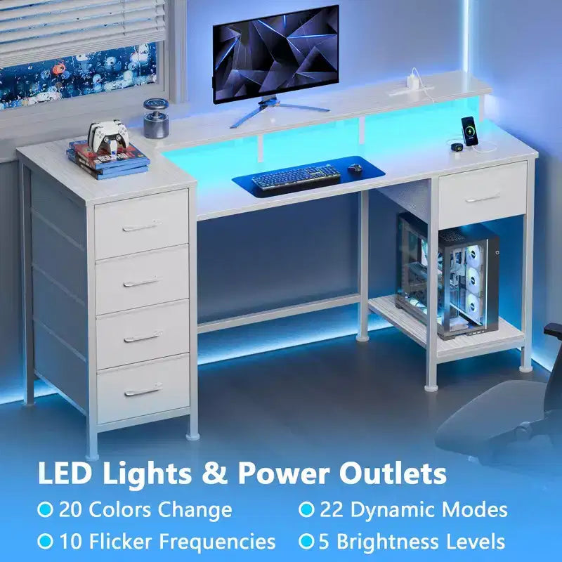Bureau d'ordinateur blanc de 47 pouces avec station de charge, bureau de jeu réversible, lumières LED, tiroirs en tissu, table d'écriture de rangement pour bureau à domicile, chambre à coucher, étude