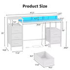 Bureau d'ordinateur blanc de 47 pouces avec station de charge, bureau de jeu réversible, lumières LED, tiroirs en tissu, table d'écriture de rangement pour bureau à domicile, chambre à coucher, étude