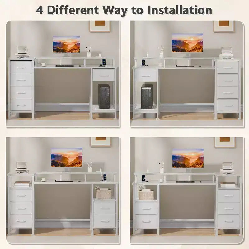 Bureau d'ordinateur blanc de 47 pouces avec station de charge, bureau de jeu réversible, lumières LED, tiroirs en tissu, table d'écriture de rangement pour bureau à domicile, chambre à coucher, étude