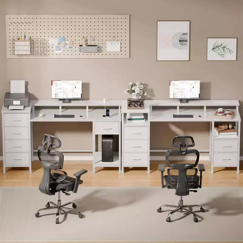 Bureau d'ordinateur blanc de 47 pouces avec station de charge, bureau de jeu réversible, lumières LED, tiroirs en tissu, table d'écriture de rangement pour bureau à domicile, chambre à coucher, étude